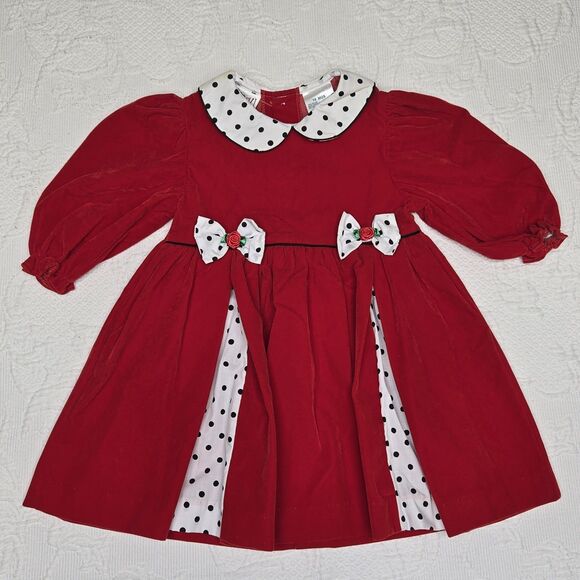 Small Steps Red Velvet Polkadot Bow 80s Party Baby Kid Dress 18 Months Christmas - Picture 1 of 8